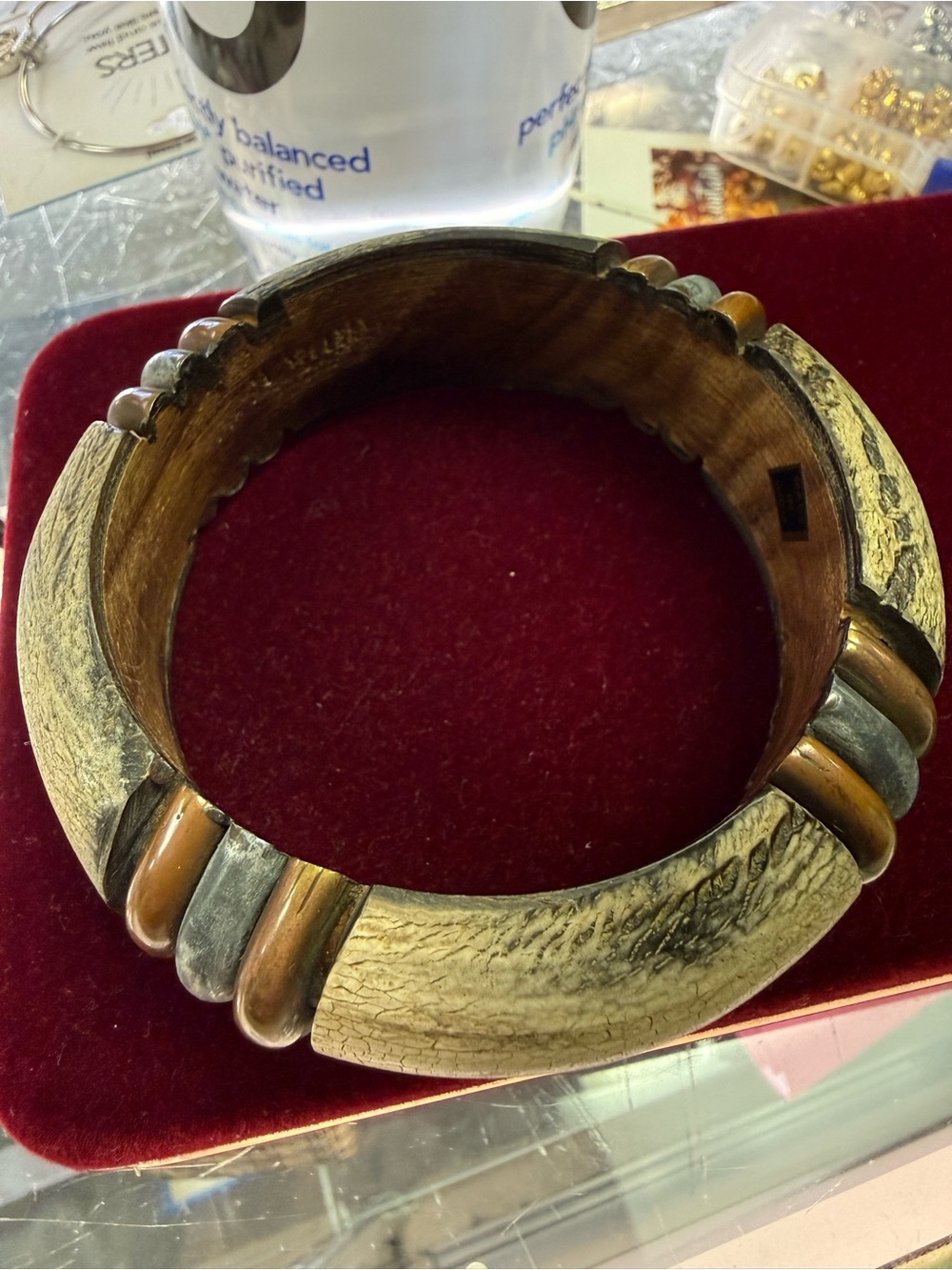 Vintage 1970s/80s Style Multitone Wood & Horn &  Metal Bangle Bracelet - Brown